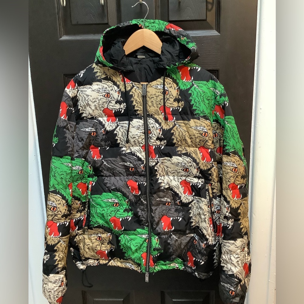 Gucci men angry panter Colorful Graphic Puffer Jacket  only used once